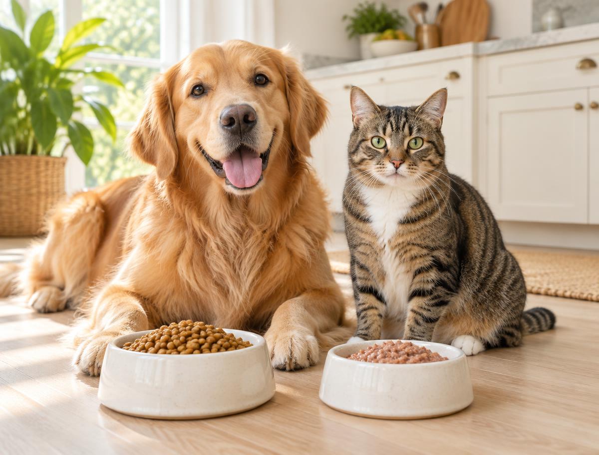 Dog and cat with their food bowls